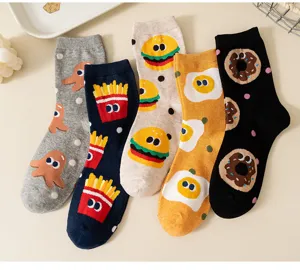 Cute food pattern cotton mid-tube socks for women, fun burger and donut casual crew socks.