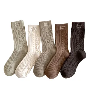 Women wool socks winter warm thick cable knit cute heart embroidery mid tube Korean style