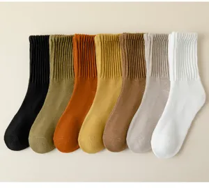 Detailed shot of multi-color thick knit mid-calf winter socks with cozy ribbed cuffs.