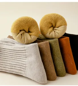 Thickened Japanese style winter socks close-up, soft knit terry texture for warmth and daily wear.