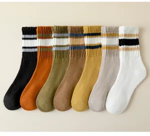 Thickened thermal striped crew socks for women, winter cozy cotton mid-calf hosiery set.