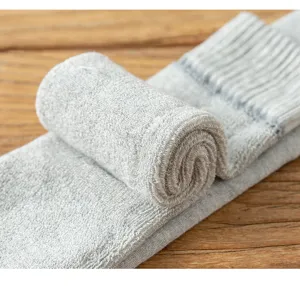 Thickened terry knit knee high leg warmer detail, cozy grey winter boot sock texture closeup.