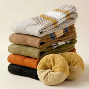 Thick striped women winter thermal cotton crew socks stacked neatly for cold weather wear