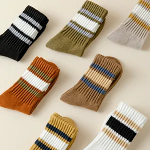 Cozy thick striped mid-calf socks for women, warm winter cotton thermal towel long socks.