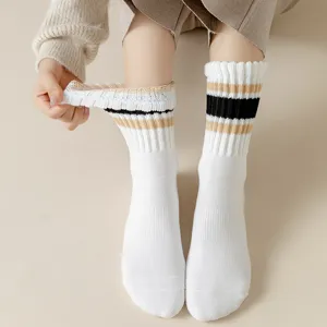 Women thick striped mid-tube socks winter warm cotton fleece lined cozy casual hosiery