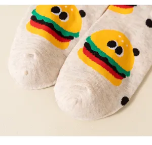 Cute cartoon burger pattern cotton women socks close up detail shot soft breathable fabric
