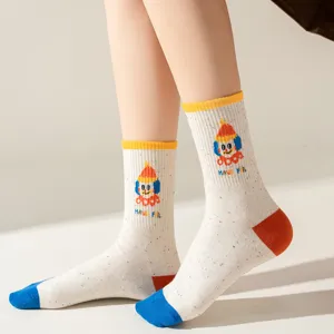 Cute cartoon clown mid-calf socks for women, colorful speckled cotton hosiery with funny face.