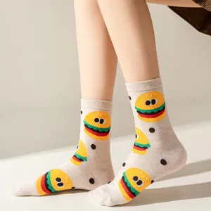 Cute cartoon burger print mid-tube cotton socks for women, stylish and comfortable daily wear.