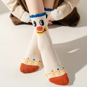 Funny cartoon clown face mid-calf socks for women cute casual cotton hosiery sweet stylish