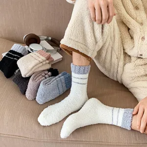 Men Thick Nylon Coral Fleece Socks Winter Warm Color Block Crew Socks Fuzzy Floor Socks For Home Sleeping Striped Hosiery