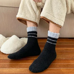 Men's thick coral fleece winter warm mid-tube home sleep socks with contrast color stripes.