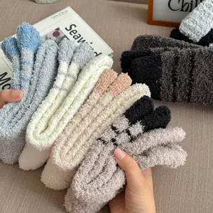 Mens fuzzy coral fleece winter mid-tube socks warm thick color block home sleeping socks