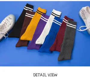 Detailed view of women's Japanese style knee high striped socks in assorted vibrant colors.