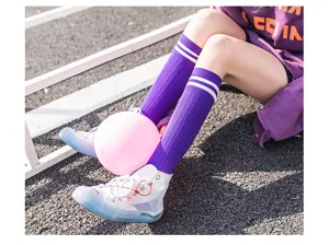 Japanese style candy color women high tube socks with double stripes, detailed knit view.