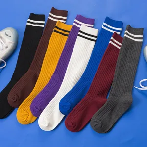 Women Japanese Style Solid Color Ribbed High Tube Socks With Double Stripe Fashion Cotton Slouch Socks