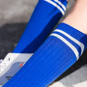 Japanese style solid color knee-high socks with double white stripes, versatile socks.