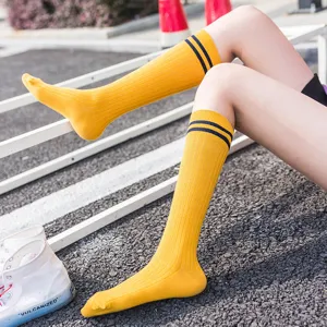 Women Japanese solid yellow ribbed knee high socks with double stripes casual daily wear