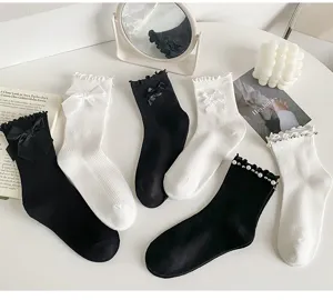 Japanese Lolita women mid tube ruffle bow pearl white black fashion cute cotton socks