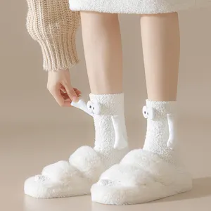 Chaussettes d'hiver douillettes en molleton de corail avec design mains 3D, chaussettes chaudes.