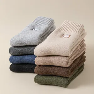 Men's Thermal Wool Blend Crew Socks Winter Thickened Terry Socks Casual Solid Color Embroidery Sock