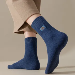 Men's thermal wool winter mid-calf socks with embroidered patch, thick terry warm floor socks.