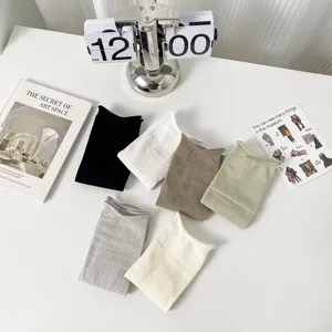 Summer thin cotton mid-calf socks for women, rolled edge solid breathable design detail.
