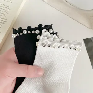 Japanese sweet Lolita ruffle socks with elegant pearls and beads for women daily wear.