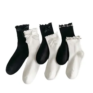 Japanese Lolita JK mid-tube socks with cute bows and pearl ruffles, sweet style white and black.