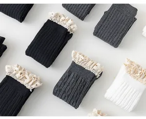 Damen dicke lange Socken japanisch JK Kniesocken Spitzenbesatz Strick Winter warme Strümpfe