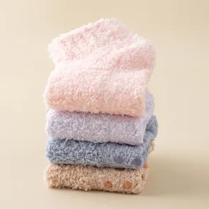 Fluffy winter non-slip coral fleece floor socks for women, cozy candy color slipper socks stack