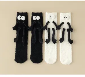 Cute holding hands fuzzy socks for women, thick warm winter coral fleece sleep floor socks.