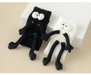 Cute funny holding hands coral fleece fuzzy socks with 3D eyes, thick warm winter floor socks.