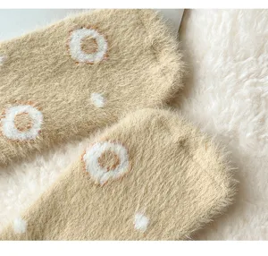 Cozy mink fleece women socks detail, soft warm winter thermal floor socks beige fluffy style.