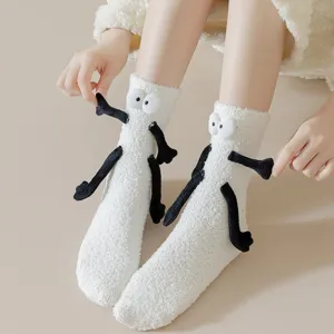 Fluffy coral fleece warm socks with funny cute 3D hands and eyes design for autumn winter home floor.