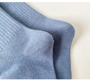 Nahaufnahme von blauen Rippenstrick Baumwollsocken für Herren mit feiner Textur und Fersenbereich.