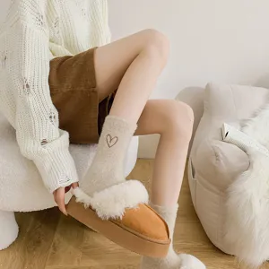Cozy autumn winter women mink fleece slouch socks with cute heart embroidery and platform shoes.