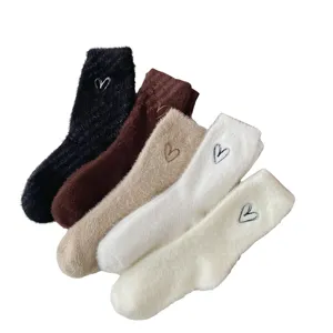 Women fluffy mink velvet fuzzy winter socks with cute heart embroidery, warm thermal floor slouch socks