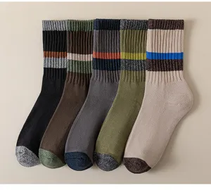 Thick terry winter men sports crew socks with stylish retro stripes for daily wear and warmth.