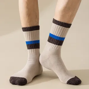 Mens thick cushioned crew socks with retro stripes cozy athletic long winter warm socks