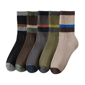 Men's thick striped towel bottom crew socks, cozy winter long athletic socks for daily wear.
