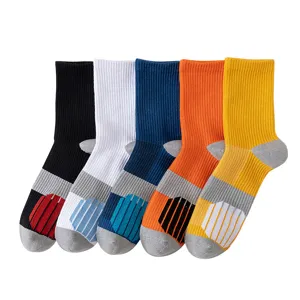 Men athletic crew socks color blocked cotton breathable sports basketball socks 5 pairs set