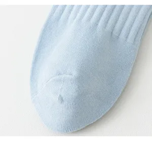 Nahaufnahme hellblauer, gerippter Damen-Baumwollsocken mit feiner Stricktextur und weichem Stoff.