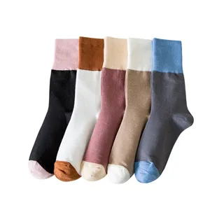 Chaussettes mi-mollet en coton peigné color block pour femmes, style coréen décontracté