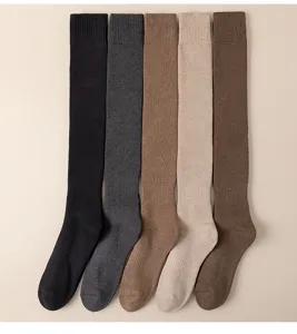 Close-up of thick knitted over-knee thermal socks in solid colors, soft texture, cozy warmth.