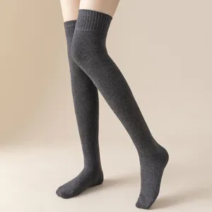 Women's thick over-the-knee high winter warm long stockings in solid dark grey color.