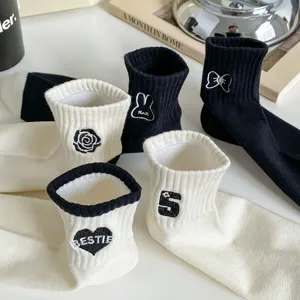 Women casual black white cotton short socks cute embroidery sweet style daily student socks