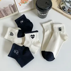 Women short socks summer thin cotton black white cute embroidery vintage college style casual