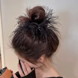 Ostrich feather hair scrunchie black hair tie fashion ins style minimalist hair accessories