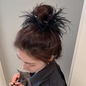 Black ostrich feather hair scrunchie chic fashion hair tie elegant minimalist hair accessory women