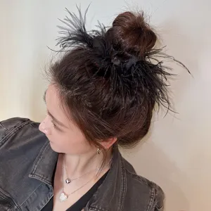 Black feather hair scrunchie chic elastic hair tie stylish aesthetic hair accessory for women.
